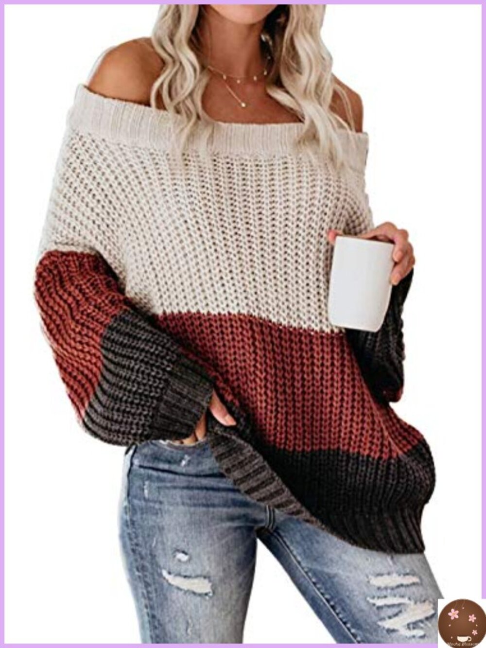 Womens Off Shoulder Oversized Chunky Knit Pullover Sweater Ribbed Trim